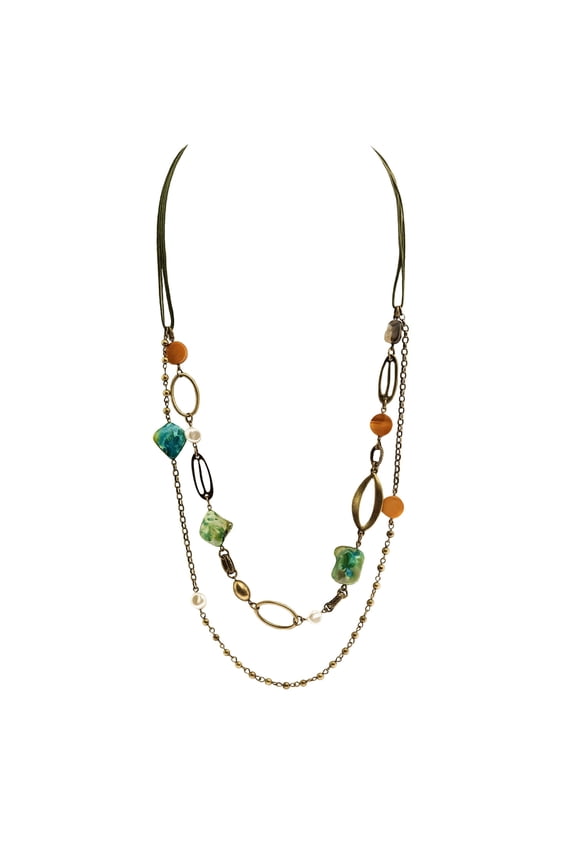 Elegant Mother of Pearl and Glass Bead Long Necklace with Turquoise Accents - 25 Inch Chain with Extender Jewelry Necklace Gold Metal