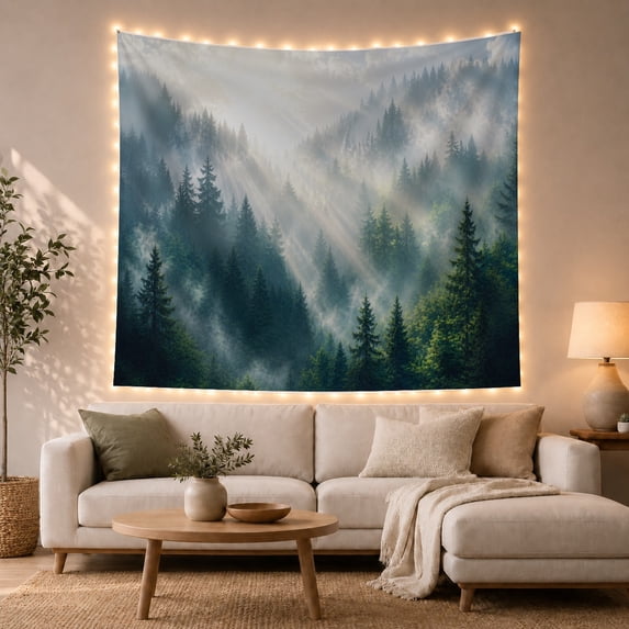 Evergreen Mountains under Sunlit Mist, Peaceful Digital Art for Nature Lovers, Forest Landscape Decor, Housewarming Gift, Tapestry Wall Hanging for Bedroom and Living Room