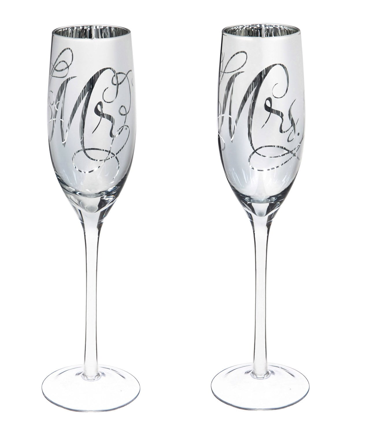 Evergreen Mr. & Mrs. Champagne Flutes 8 oz Silver Metallic, Set of 2