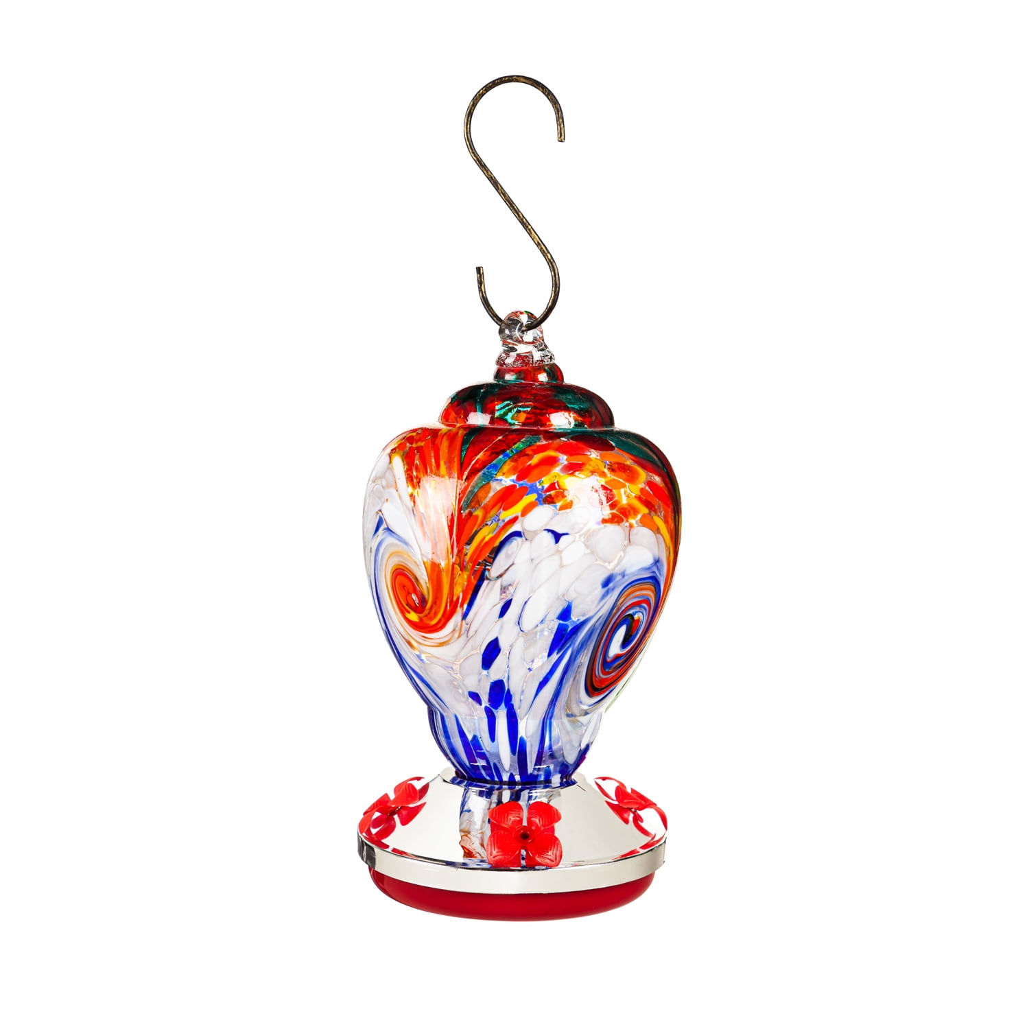 Multi-Colored Swirled Glass and Metal Hummingbird Feeder