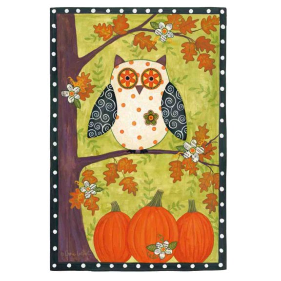 Evergreen Owl & Pumpkins Autumn Fabric Garden Flag 18 by 12 Inch