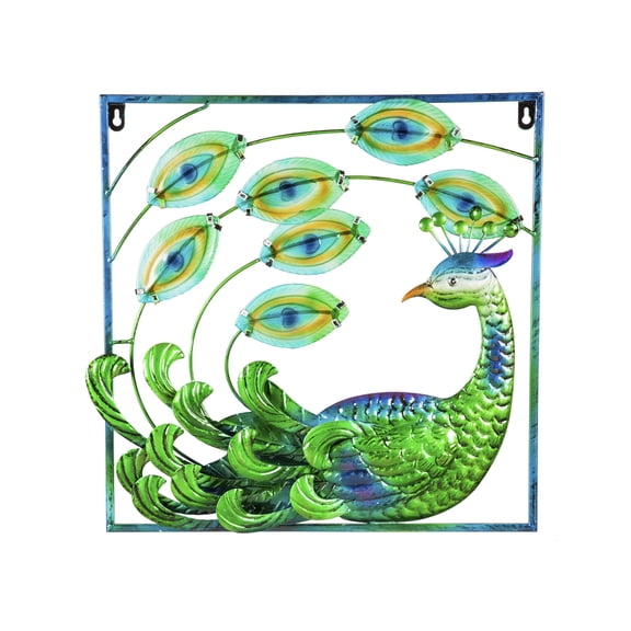 Evergreen Peacock Metal Outdoor Framed Wall Dcor, 16.9''x 16.9'' x 1.9'' inches