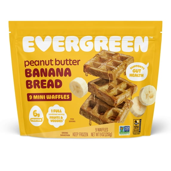 Evergreen Peanut Butter & Banana Bread 100% Whole Grain Waffles, 9 oz, 9 Count, 3g Fiber, 6g Protein