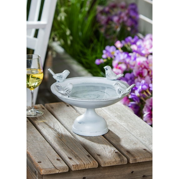 Evergreen Perched Birds Metal Tabletop Bird Bath