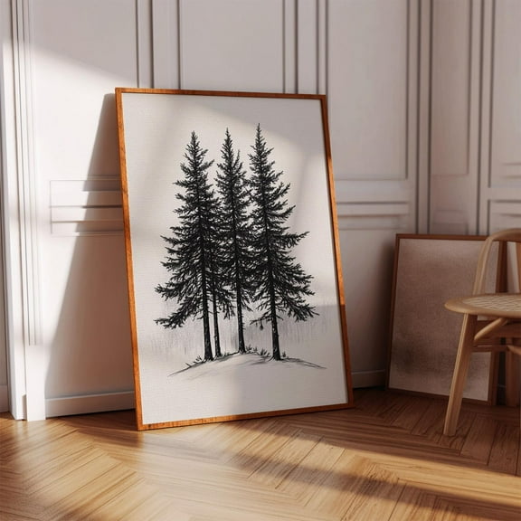 Evergreen Pine Tree Forest Minimalist Black And White Nature Illustration Modern Woodland Print Wall Art, Modern Wall Decor, 16x24 UNFRAMED