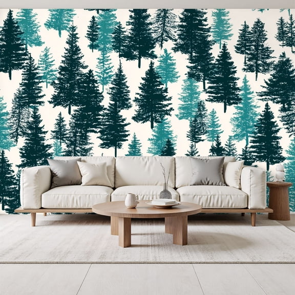 Evergreen Pine Tree abstract Dark Teal Turquoise Silhouette Forest Peel and Stick Wall Murals 69"H x 96"W Removable PVC Wallpaper Self-Adhesive Wall Paintings for Bedroom Living Room