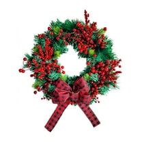 Evergreen Pine Wreath Artificial Greenery Christmas Garland Real Touch Natural Cedar Garland with Red Bow Front Door Wall Window Decoration Christmas Decor 15.7 inch
