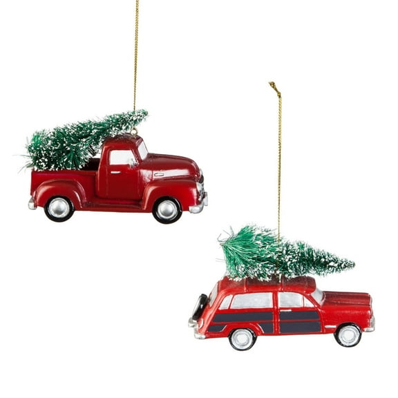Evergreen Red Polystone Truck and Station Wagon Ornament, 2 Assorted, 4.3'' x 2.3'' x 3'' inches
