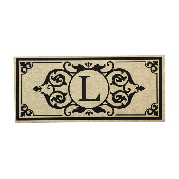 Evergreen,Sassafras Mat Set,Sassafras Switch Mat Size: 22"W x 10"H, Black Scroll Sassafras Mat Tray: 30"W x 18"H, Cambridge Monogram Burlap , Letter L
