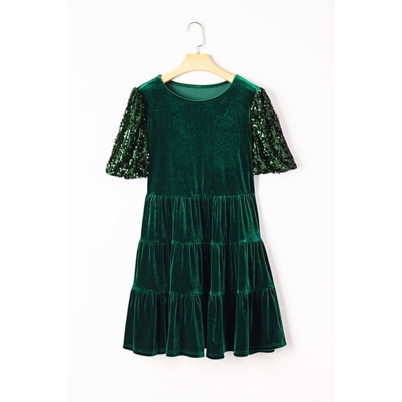 Evergreen Sequin Puff Sleeve High Waist Tiered Velvet Mini Dress