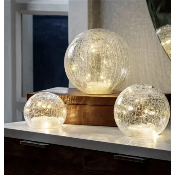 Evergreen Set of 3 LED Glass Spheres with Clear Crackle Finish