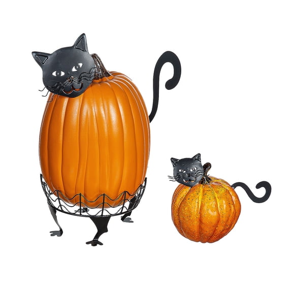 Evergreen Set Of 2 Cat Pumpkin Holders With LED Eyes - Cat