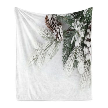 Evergreen Soft Flannel Fleece Throw Blanket, Half Image of Fir Tree Branches Covered with Snow on a Plain Background, Cozy Plush for Indoor and Outdoor Use, 70" x 90", Green and White, by Ambesonne
