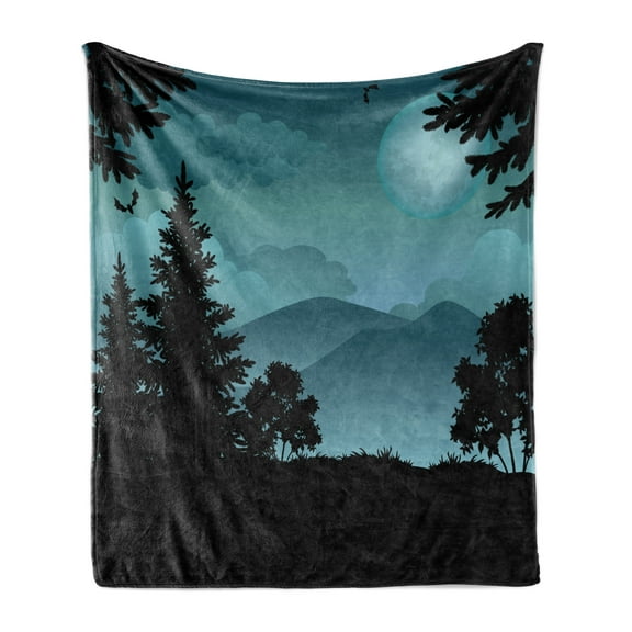 Evergreen Soft Flannel Fleece Throw Blanket, Nighttime Pattern of Trees Moon Mountains and Bats in the Forest, Cozy Plush for Indoor and Outdoor Use, 50" x 60", Charcoal Grey Cadet Blue, by Ambesonne