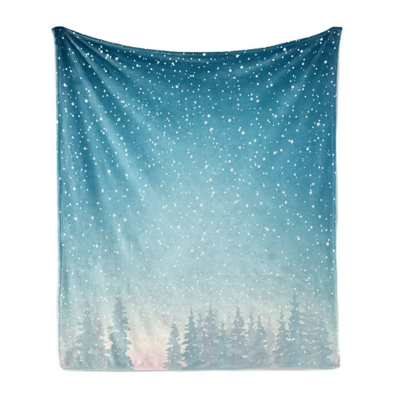Evergreen Soft Flannel Fleece Throw Blanket, Snowy Sky Scenery with Silhouettes of Spruce Trees in Winter, Cozy Plush for Indoor and Outdoor Use, 60" x 80", Sea Blue and Pale Blue Grey, by Ambesonne