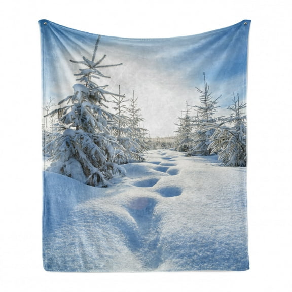 Evergreen Soft Flannel Fleece Throw Blanket, Winter Season Landscape Vertical Shot of Forest Trees and Footsteps on Snow, Cozy Plush for Indoor and Outdoor Use, 50" x 70", Multicolor, by Ambesonne