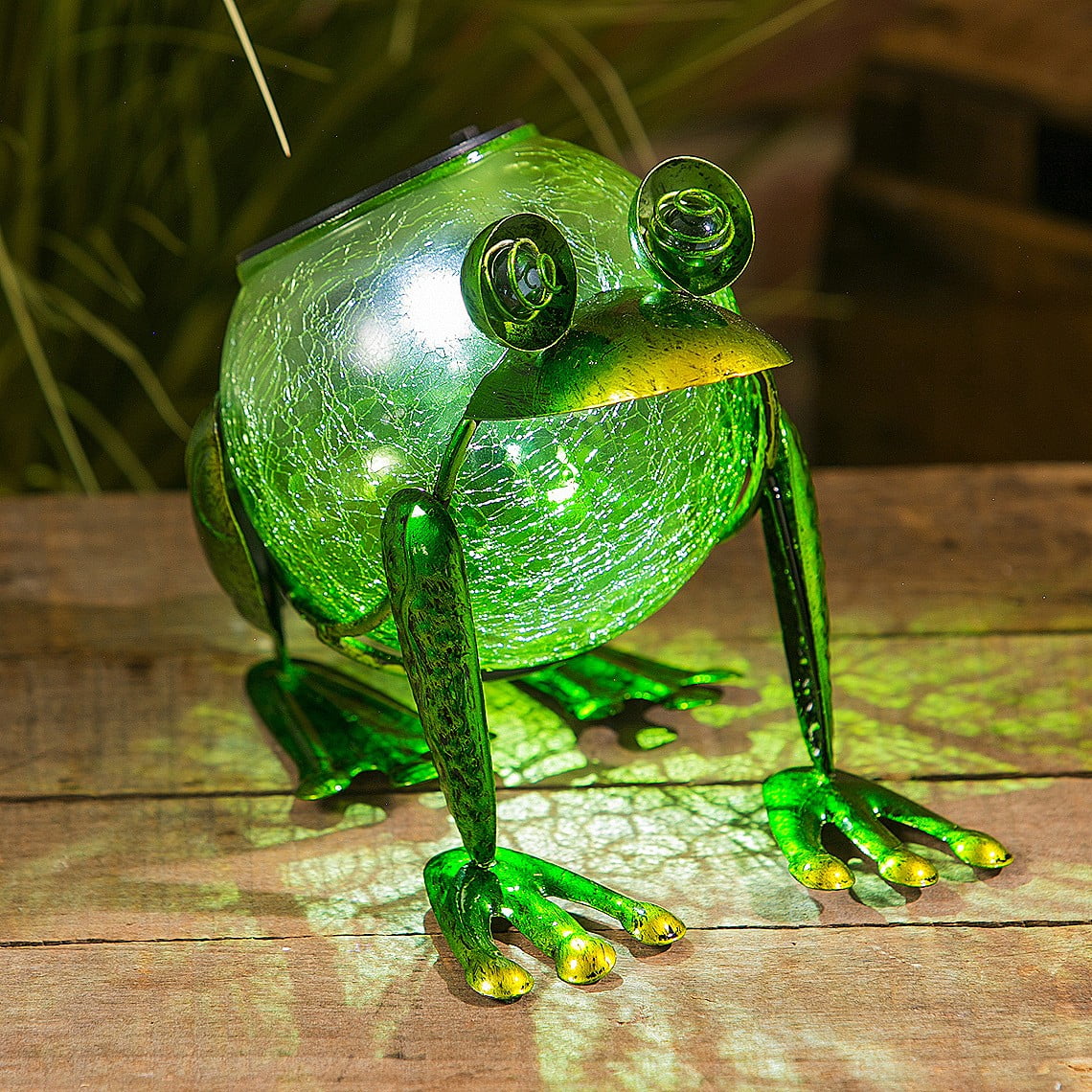 Green Crackled Glass Solar Frog Garden Statuary