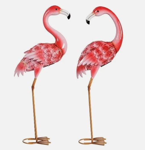 Evergreen Solar LED Flamingo Garden Statues, Handcrafted Metal Outdoor Yard Decor with Solar Lights, Pink Flamingo Pair (2 Pack)