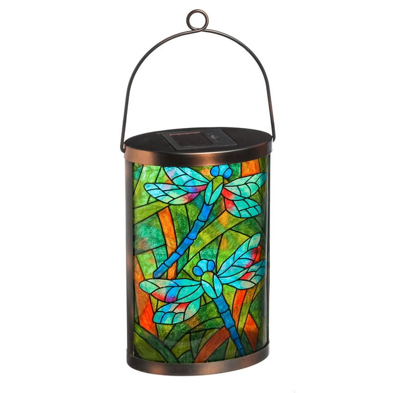Evergreen Solar Lantern, Tiffany Inspired Dragonfly, 6'' x 3.8'' x 14.8'' inches. Evergreen Solar Lantern, Tiffany Inspired Dragonfly, 6'' x 3.8'' x 14.8'' inches.