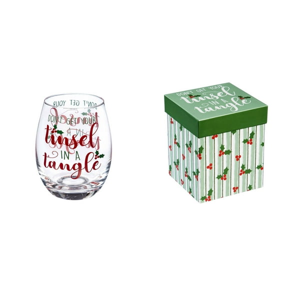 Evergreen Stemless Wine Glass w/ Box, 17 OZ, Don't Get Your Tinsel In A Tangle