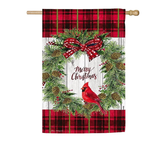 Evergreen Christmas Cardinal Wreath House Textured Suede Flag