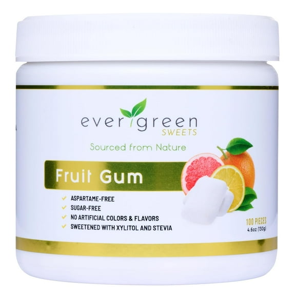 Evergreen Sweets Chewing gum -100 Pieces Jar - Natural Tropical Fruit Gum Made with Xylitol and Stevia - Sugar-Free, Aspartame Free and Vegan