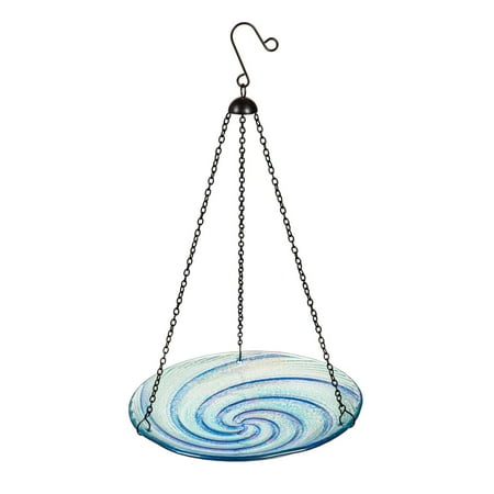 Evergreen Swirl Glass Hanging Birdbath, Blue