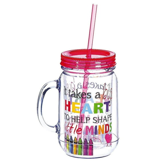 Evergreen Teacher Appreciation Big Heart Plastic Mug w/Straw 20oz