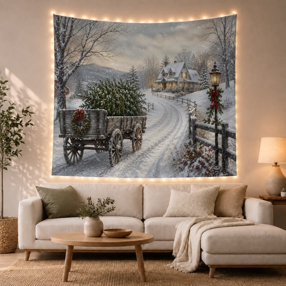 Evergreen Tree Cart on Snowy Cottage Path, Cozy Rustic for Rustic Decor Lovers, Snowy Wall Decor, Christmas Gift Tapestry Wall Hanging for Living Room and Entryway