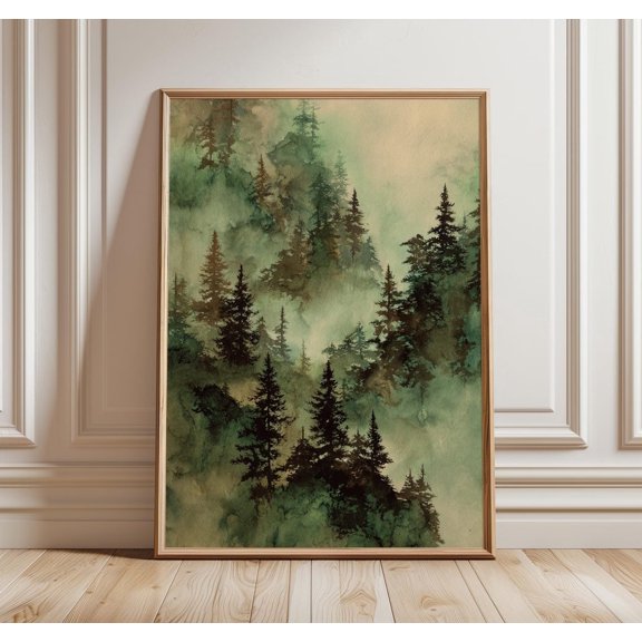 Evergreen Tree Misty Forest Green Landscape Tranquil Nature Art Print, Stretched Canvas 8x10in