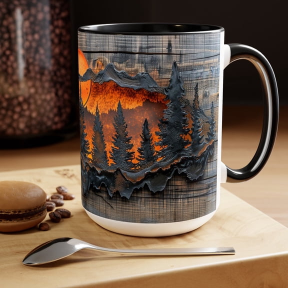 Evergreen Tree Mug: Rustic Wood Print, Ceramic Coffee Cup