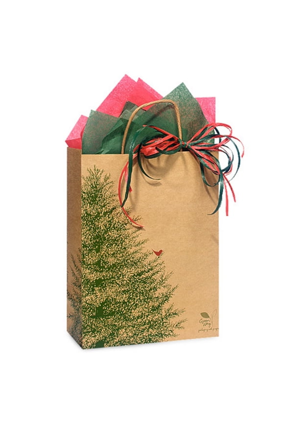 Evergreen Tree Paper Shopping Bags - Cub Size - 8in. X 4.75in. X 10.25in. - 5 Bags (egc5)