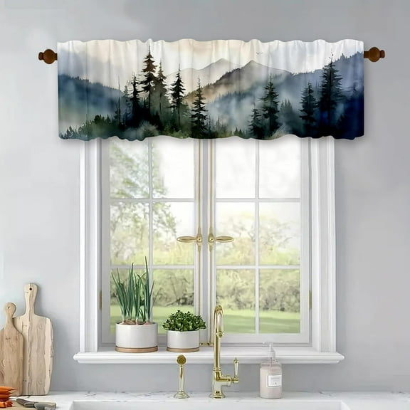 Evergreen Trees Forest Windows Treatment Valances Mountains Kitchen Curtains Fog Nature Blackout Drapes Topper Panel with Rod Pocket for Bathroom Bedroom Living Room 54x18Inch