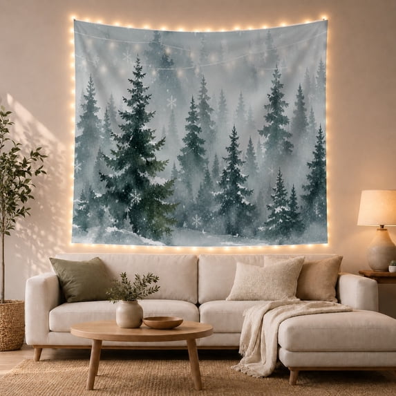 Evergreen Trees in Snowy Forest with Fairy Lights, Cozy Illustration for Nature Lovers, Winter Woodland Art, Christmas Gift, Tapestry Wall Hanging for Bedroom and Living Room