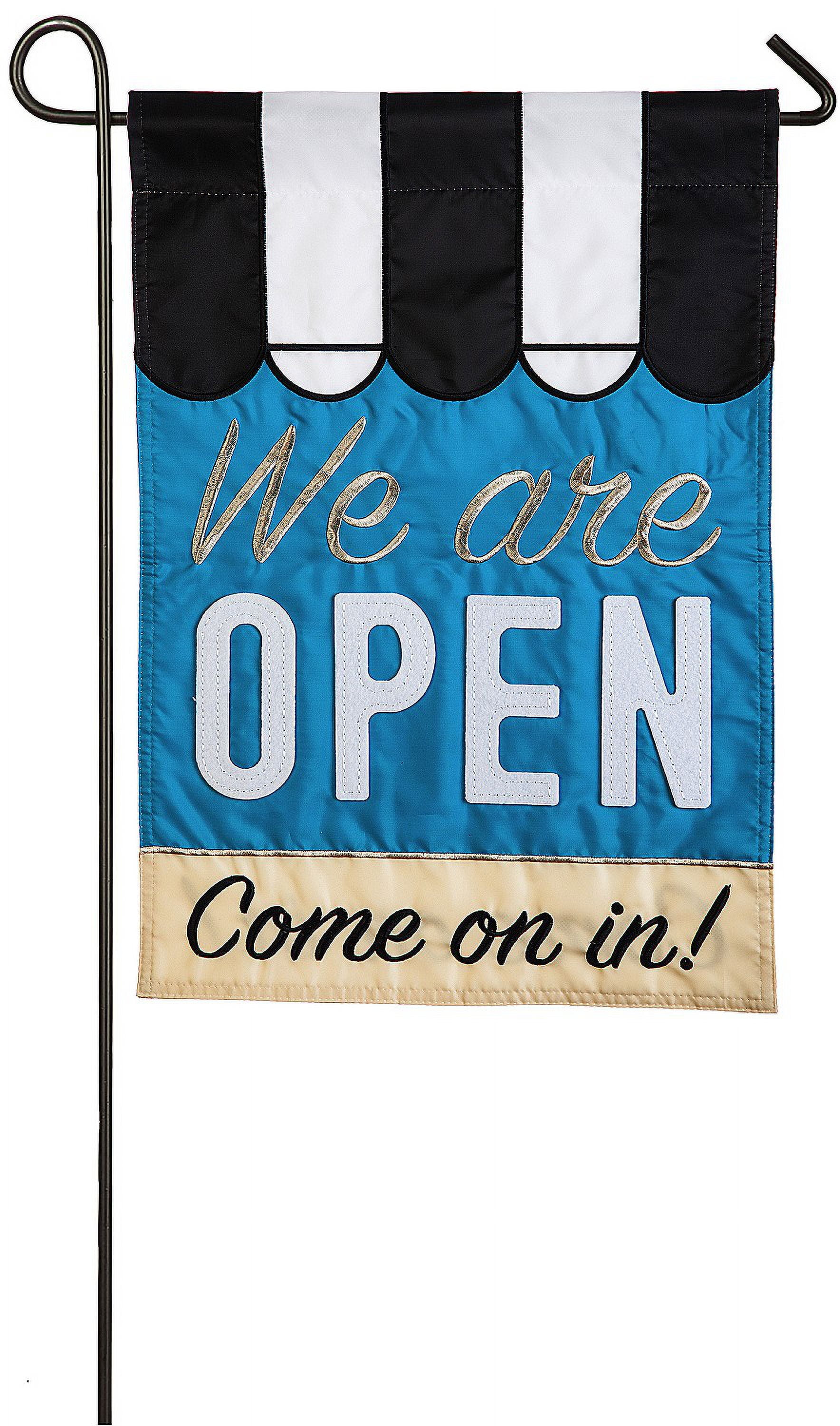 Blue and Black We Are Open Garden Flag