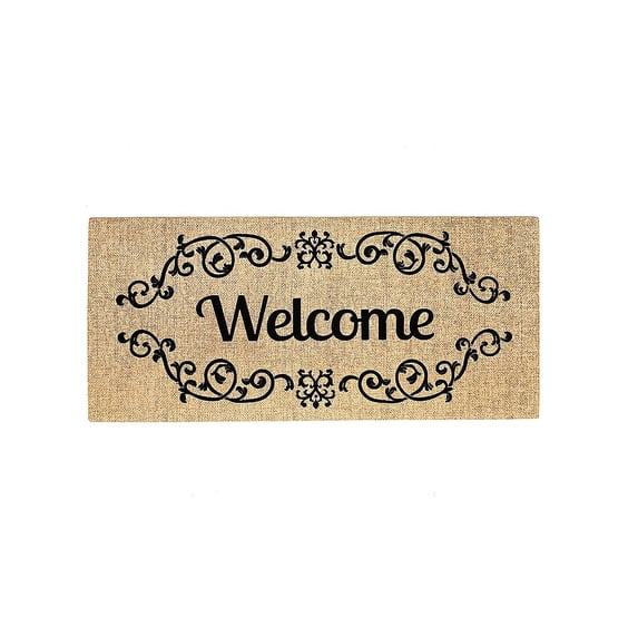 Evergreen Welcome scroll Sassafras Indoor Outdoor Switch Doormat 1'10"x10" Beige