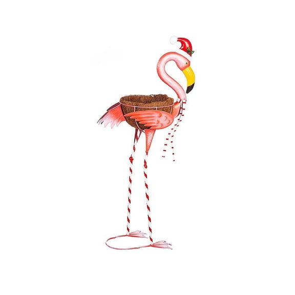 Evergreen Winter Flamingo 39 in. Metal Planter w/Santa Hat - Regular