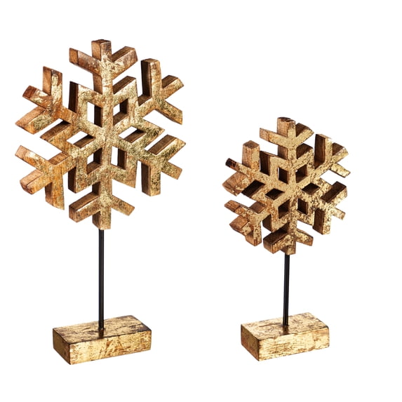 Wood Metallic Finish Snowflake on Stand Table Décor, Set of 2