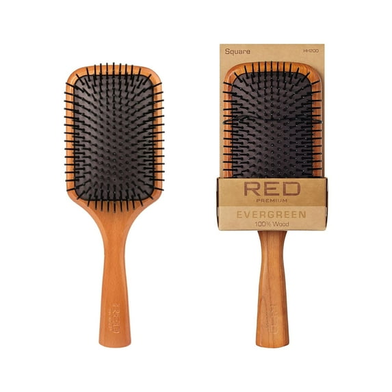 Evergreen Wooden Square Paddle Hair Brush, 100% Beechwood, Long Bristles, Detangling, For All Hair Types, Sustainable, Painless Detangling, Air Ventilation Hole, Wet Dry Hair, Unisex