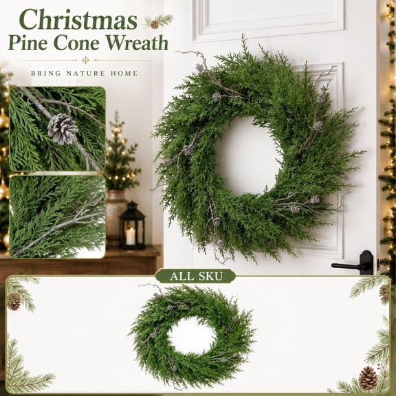 Evergreen Wreath with Realistic Pine Needles and Pinecones Full-Bodied, Fade-Resistant Artificial Holiday Wreath for Front Door, Indoor Outdoor Wall Decor
