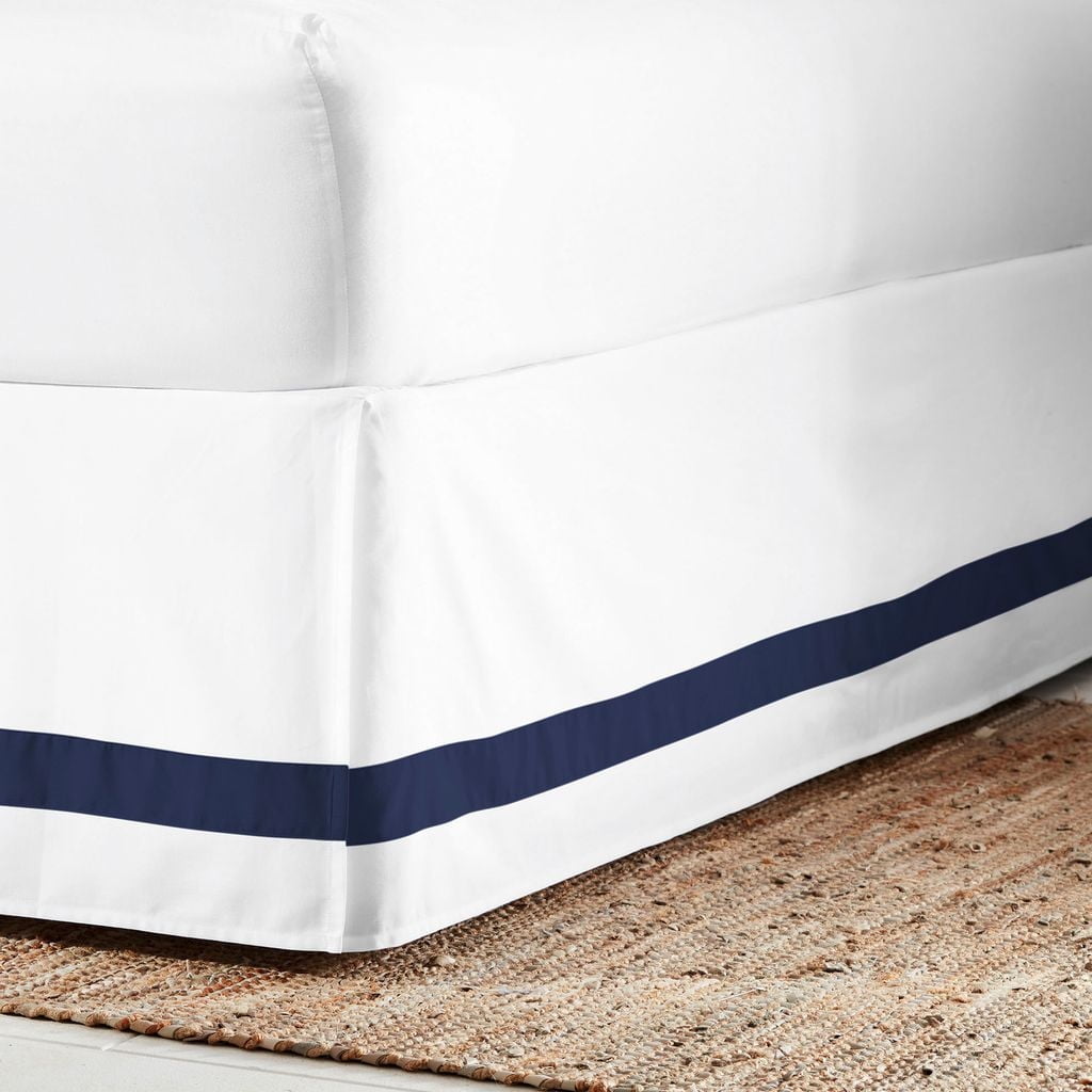 Everhome Emory Hotel Solid Border Bed Skirt, Tailored 15" Drop, White/Navy, Twin