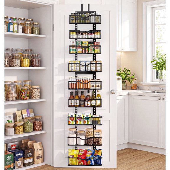 Everie Over-the-Door Pantry Organizer, 9-Tier Heavy Duty Hanging Rack, Solid Bottom Baskets, No-Bumping, Easy Install, Black