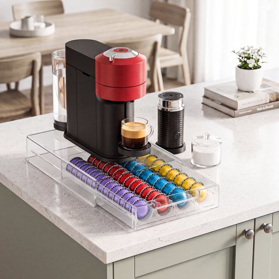 Everie Clear Coffee Pod Drawer, Compatible with Nespresso Vertuo 52 Small or 40 Large Capsules for Kitchen Counter and Coffee Bar