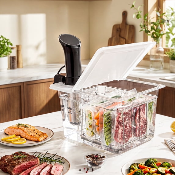 Everie 12-Quart Sous Vide Container with Collapsible Hinged Lid and Rack, Compatible with Anova, Breville Joule, Wancle, Instant Cookers (SET-TY-PP)