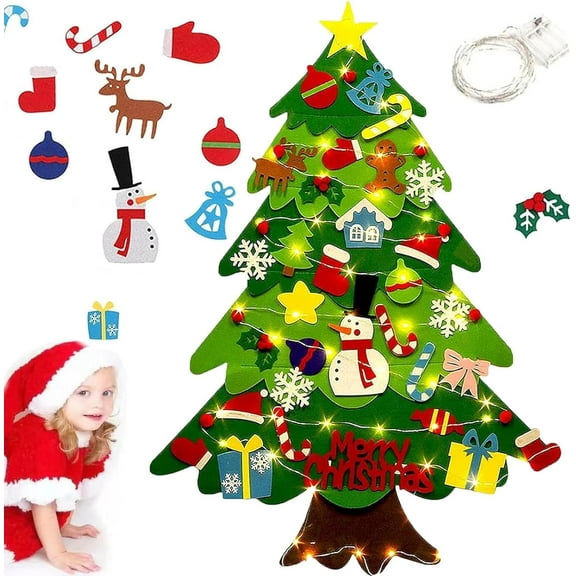 Everized Montessori Felt Christmas Tree for Toddlers - 3D Wall Hanging DIY Xmas Tree with LED Lights & 33 Ornaments, Interactive Holiday Decoration Gift for Kids