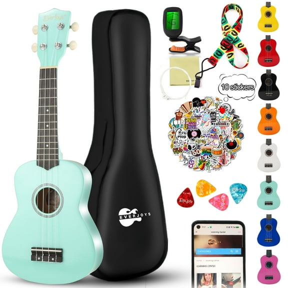 Everjoys 21" Soprano Ukulele Beginner Kit w/ Free Online Lesson, Gig Bag, Strap, Digital Tuner, Spare String, Picks, Polishing Cloth, Rainbow Series