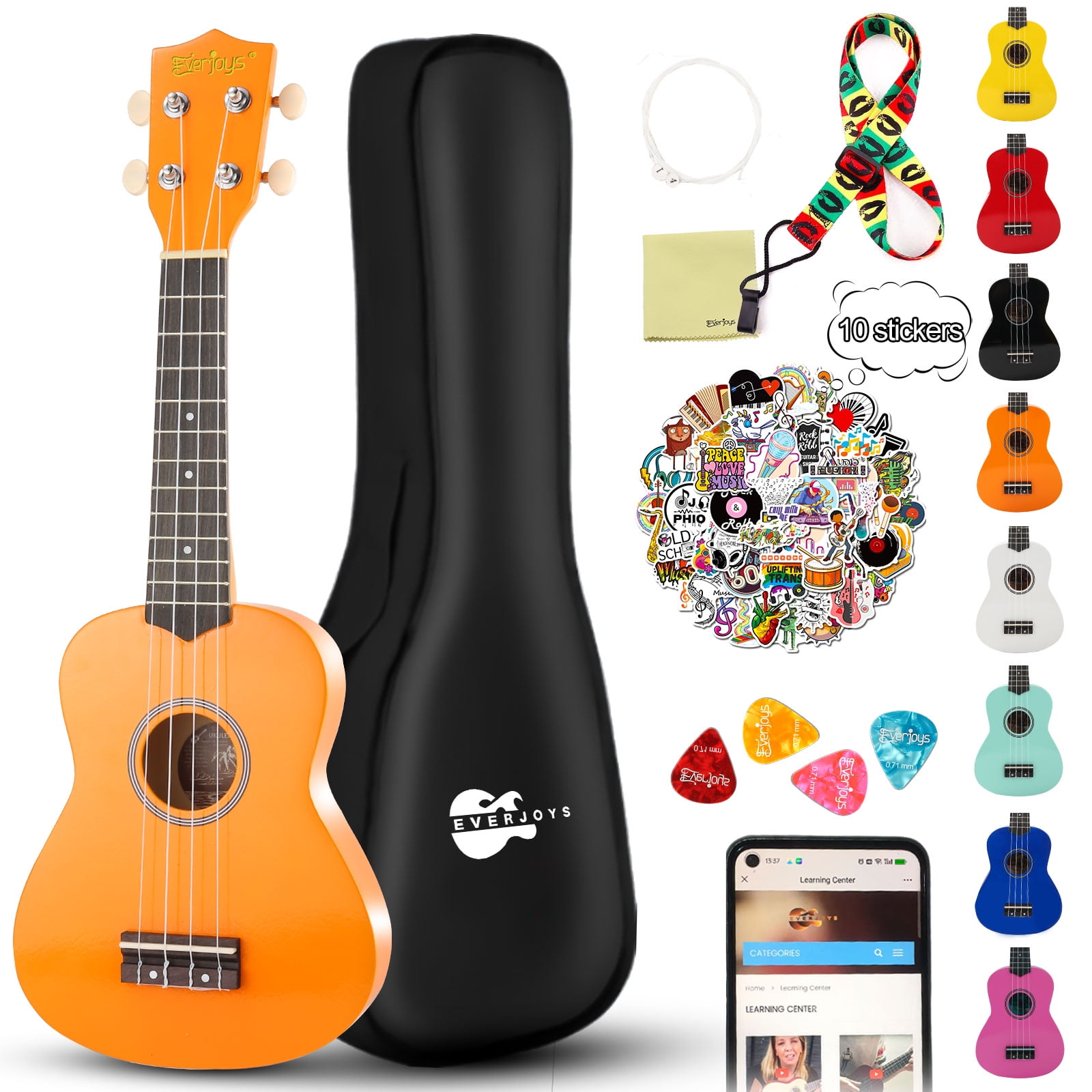 Everjoys 21" Soprano Ukulele Beginner Kit w/ Free Online Lesson, Gig Bag, Strap, Digital Tuner, Spare String, Picks, Polishing Cloth, Rainbow Series