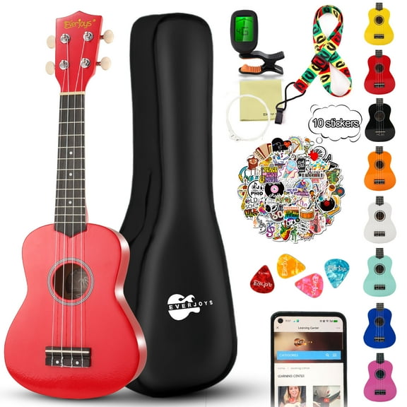 Everjoys 21" Soprano Ukulele Beginner Kit w/ Free Online Lesson, Gig Bag, Strap, Digital Tuner, Spare String, Picks, Polishing Cloth, Rainbow Series
