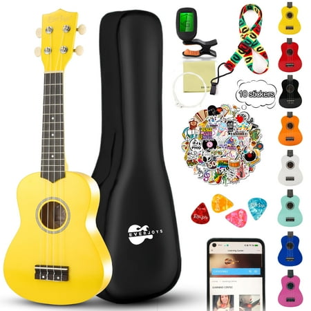 Everjoys 21" Soprano Ukulele Beginner Kit w/ Free Online Lesson, Gig Bag, Strap, Digital Tuner, Spare String, Picks, Polishing Cloth, Rainbow Series