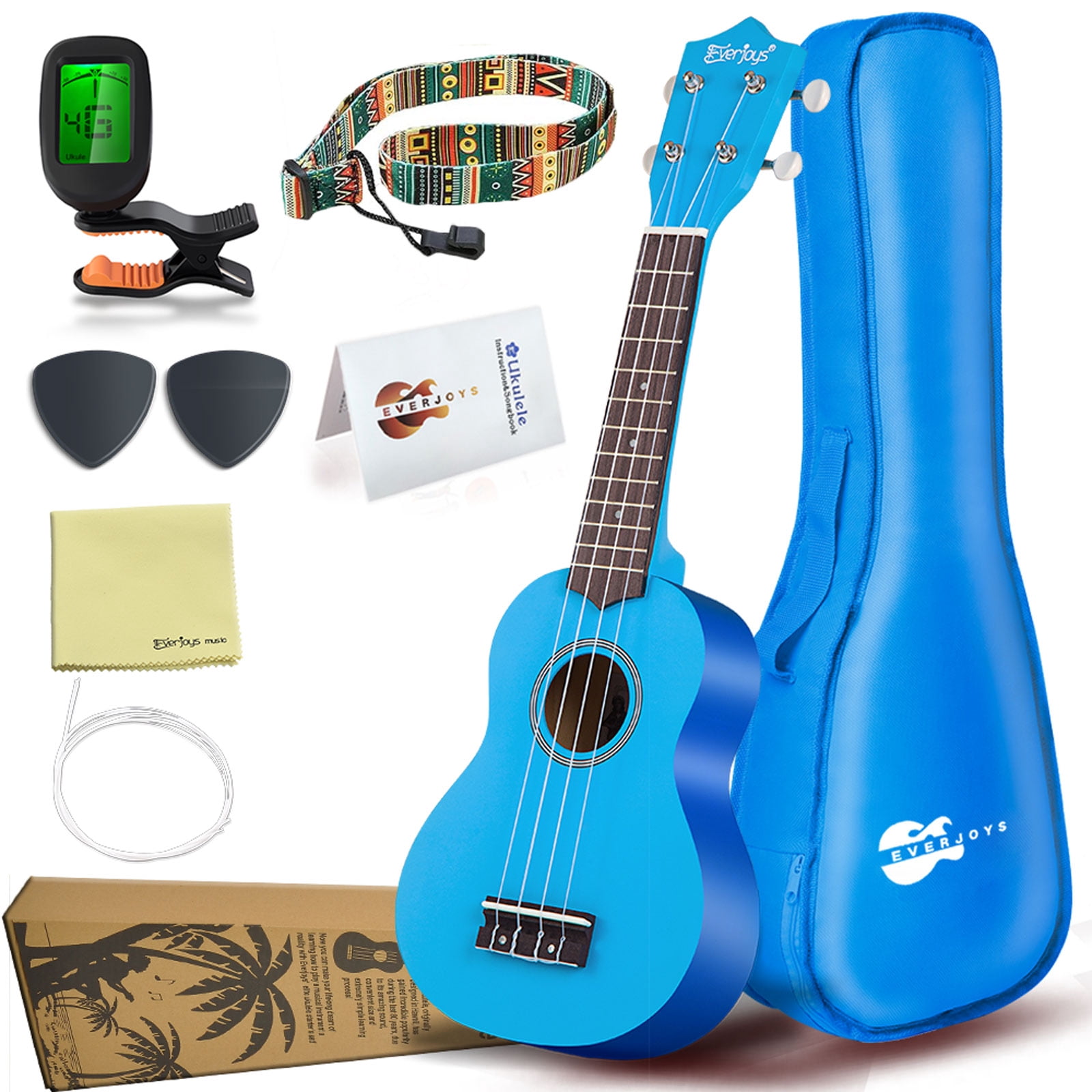 Everjoys 21 inch Soprano Ukulele Starter Kit w/Gig Bag,Rainbow String,Free Online Lesson,Tuner,Pick,Strap,Songbook